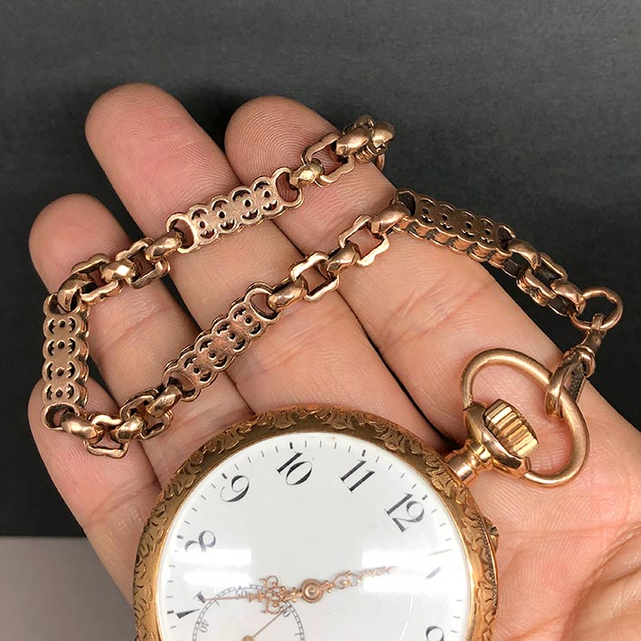 สร้อยทองชมพูสำหรับนาฬิกาพก Pocket Watch ITALY ลายใบเลื่อย Pink gold 9k (375) ลายกว้าง 6 mm ความยาวขอ