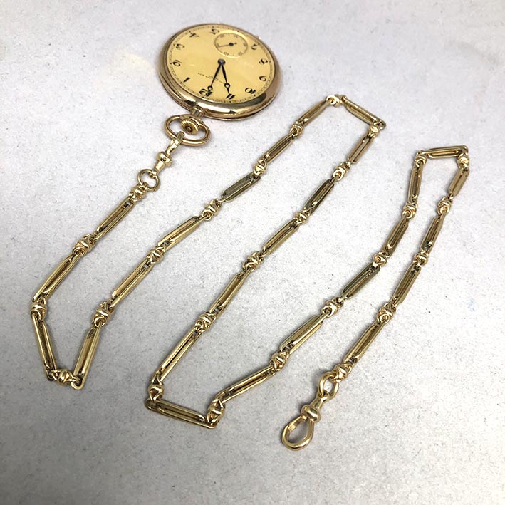 สร้อยทองสำหรับนาฬิกาพก Pocket Watch ITALY ลายโซ่ห่วงทรงยาว Yellow gold 9k (375) ล้องเรือนขนาดลายกว้า
