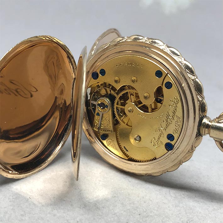 นาฬิกาพกไขลาน ELGIN Watch Company, pocket watch 1900 ขนาดตัวเรือน 43 mm หน้าปัดกระเบื้องขาวพิมพ์โรมั 4