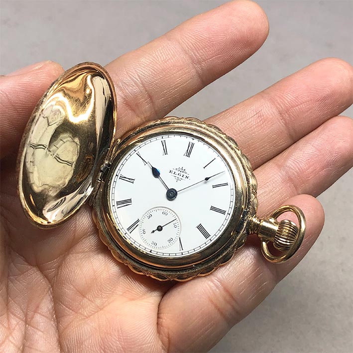 นาฬิกาพกไขลาน ELGIN Watch Company, pocket watch 1900 ขนาดตัวเรือน 43 mm หน้าปัดกระเบื้องขาวพิมพ์โรมั 6