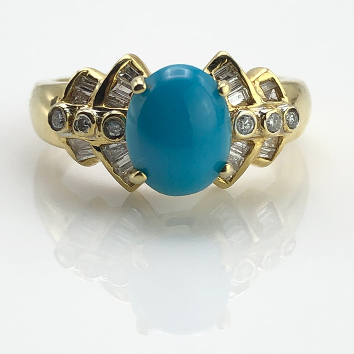 แหวนทองขาว Antique style ฝังเพชรแท้ 26 เม็ดน้ำหนักรวม 0.29 กะรัต ประดับหินเทอร์คอยส์ วัสดุตัวเรือนทอ
