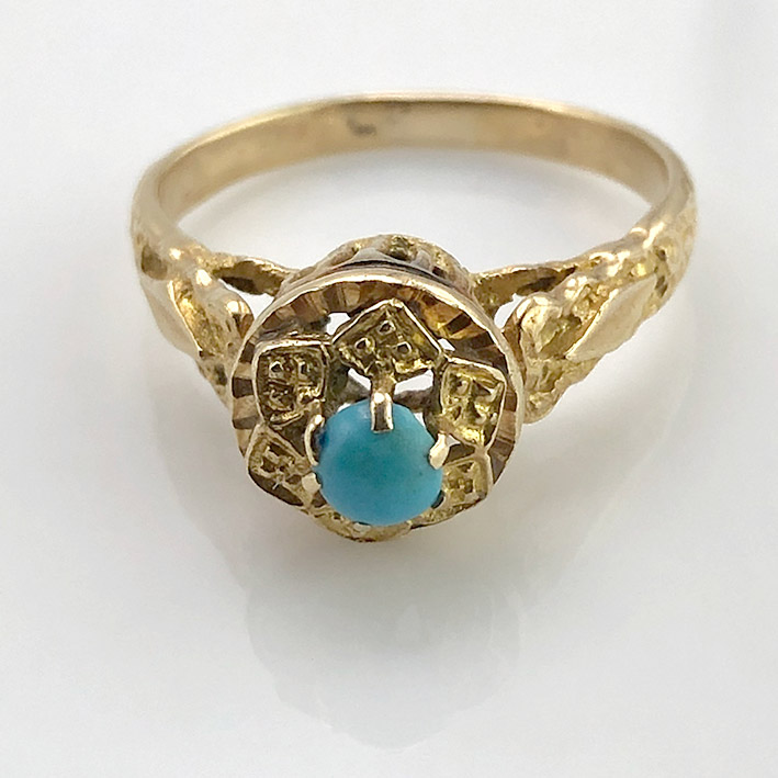 แหวนทองคำ Antique style ประดับหินเทอร์คอยส์ วัสดุตัวเรือนทอง 18k Yellow gold 750 น้ำหนักช่างรวม 4.5 2