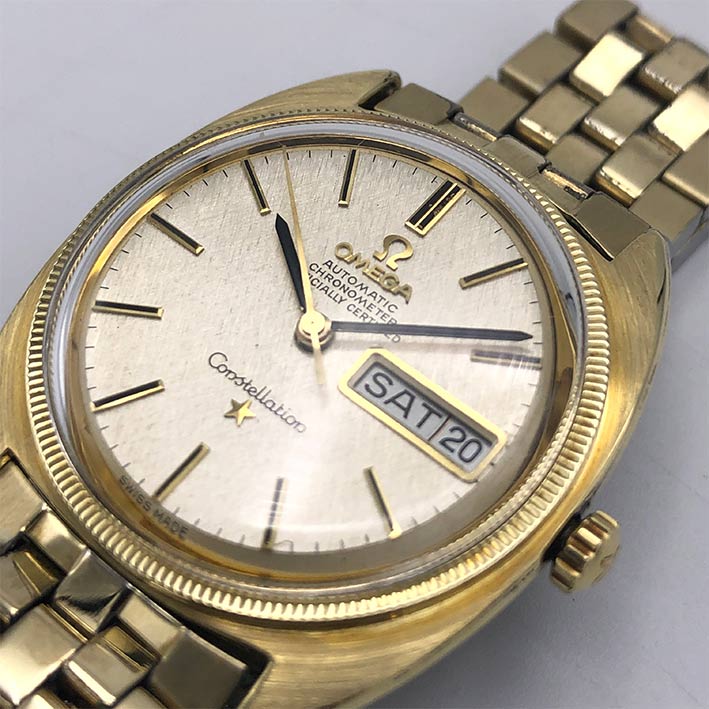 OMEGA Costellation date 1968 chronometer 18k gold plate ขนาด 35mm หน้าปัดบรอนซ์เงิน ประดับหลักเวลาขี 2