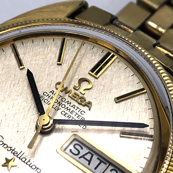OMEGA Costellation date 1968 chronometer 18k gold plate ขนาด 35mm หน้าปัดบรอนซ์เงิน ประดับหลักเวลาขี 3