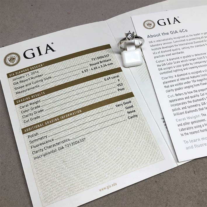 แหวนทองประดับเพชรแท้เม็ดหลักขนาด 0.49 กะรัต F color มาพร้อมใบเซอร์ GIA ตัวเรือน 18k White gold น้ำหน 3