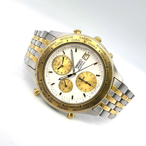 SEIKO World Timer 5T52-7A20 Quartz Date Alarm Watch Size 39 mm. (Pre-owned)